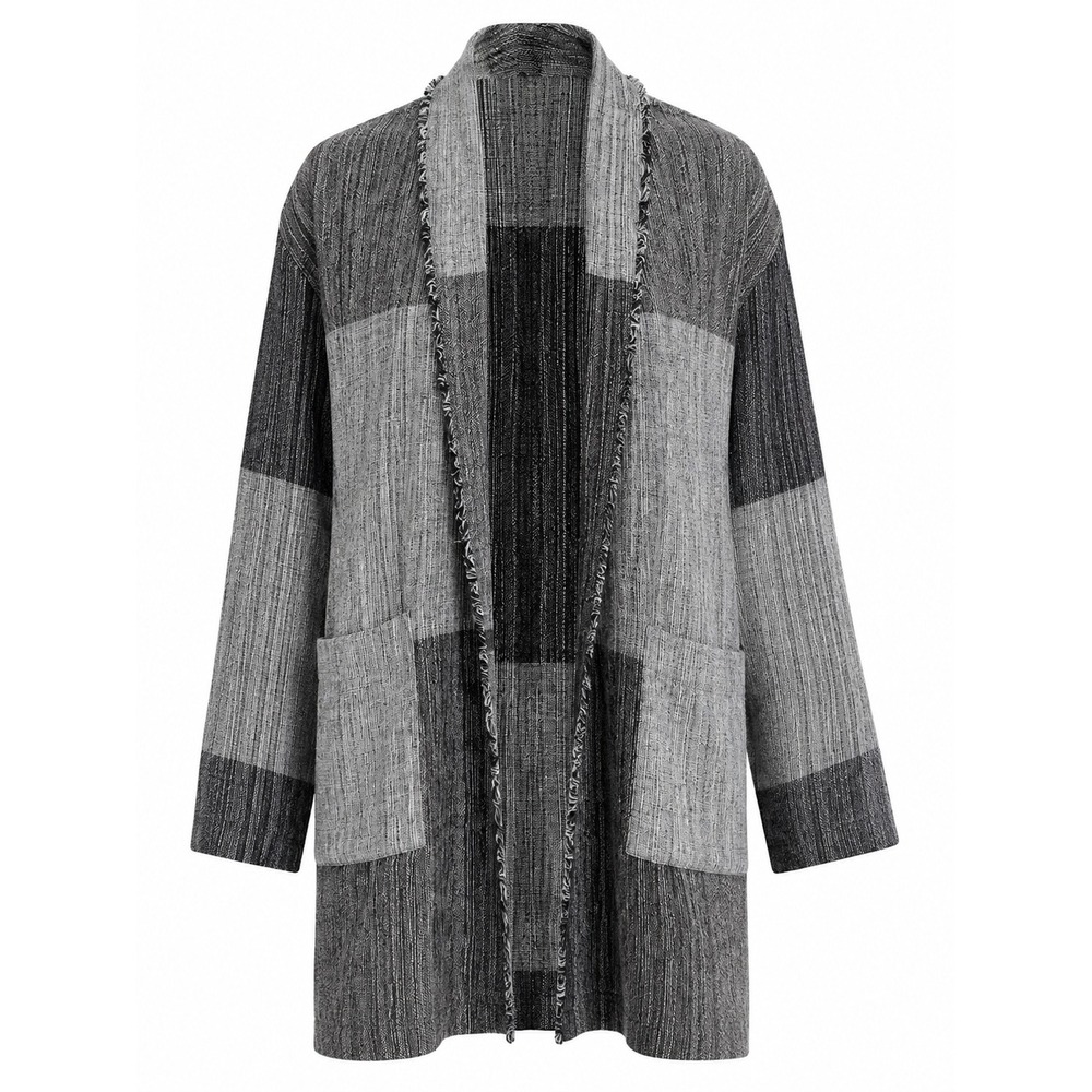 Eileen Fisher Cardigan S/M Gray Black Duster Open Front Textured Colorblock Warm